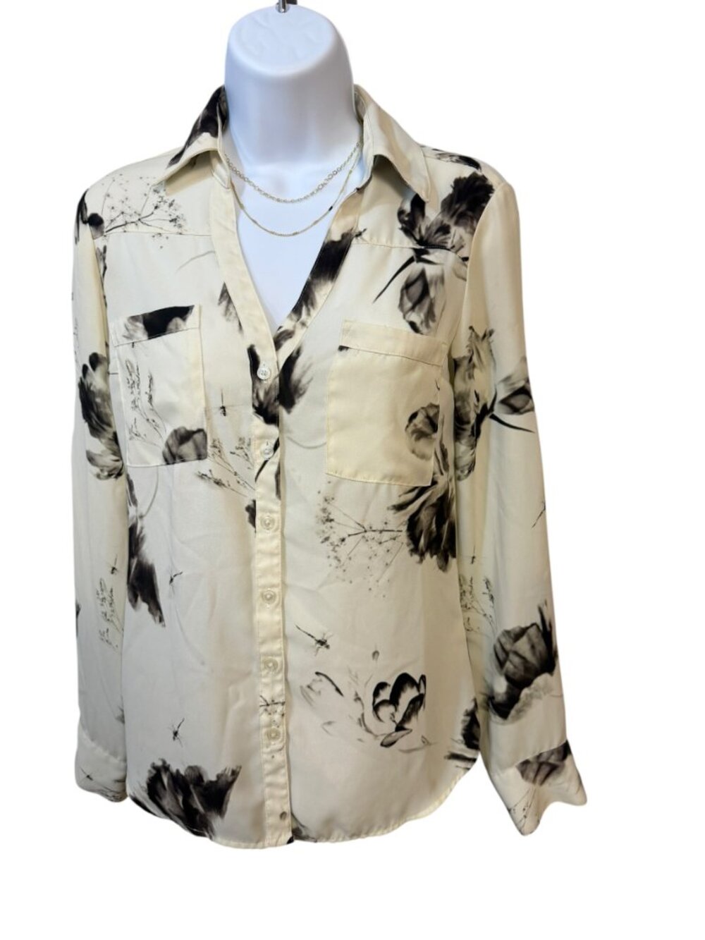Express Cream Black Floral Button Up Blouse XS Roll Tab Sleeve